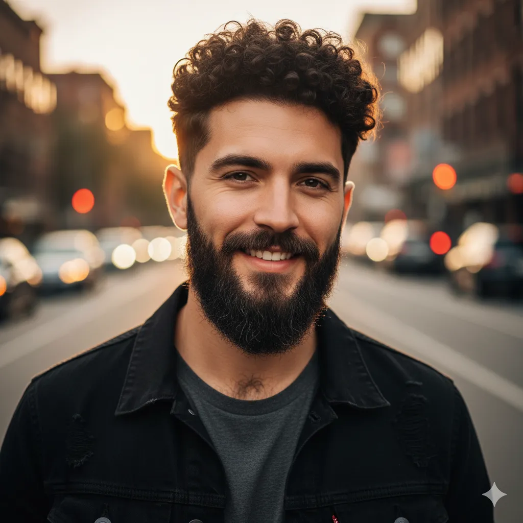 Curly Fade Haircut With Facial Hair