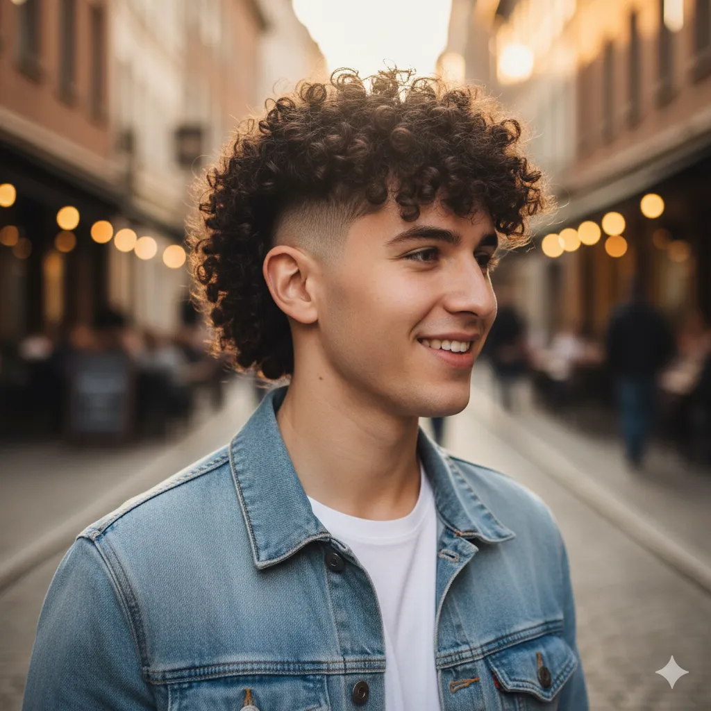 Curly Temple Fade Mohawk Haircut