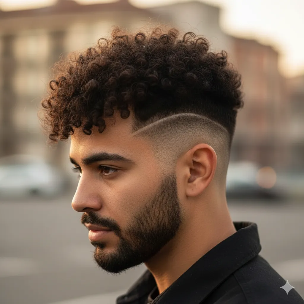 Low Fade Curly Hairstyle With Shaved Line