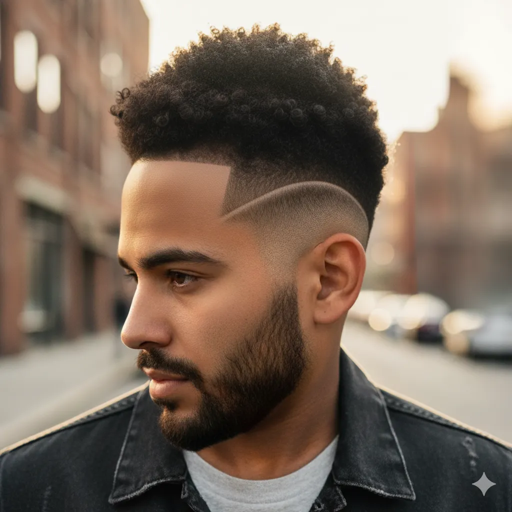 Men’s Curly Fade Hairstyle With Shaved Line